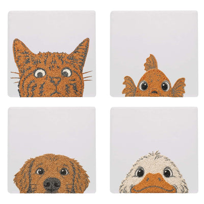 Animal Coaster Set of 4, Ceramic Coasters with Cork Backing, Raised UV Texture Pet Designs, Cat Dog Duck Goldfish Drink Coasters, for Animal Lovers