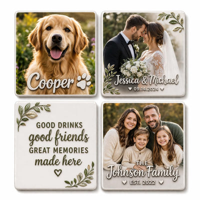 Custom Ceramic Coaster Set of 4, Personalized Photo or Text Coasters with Raised 3D Texture Text, Wedding, Family, Pet Memorial & Housewarming Gift