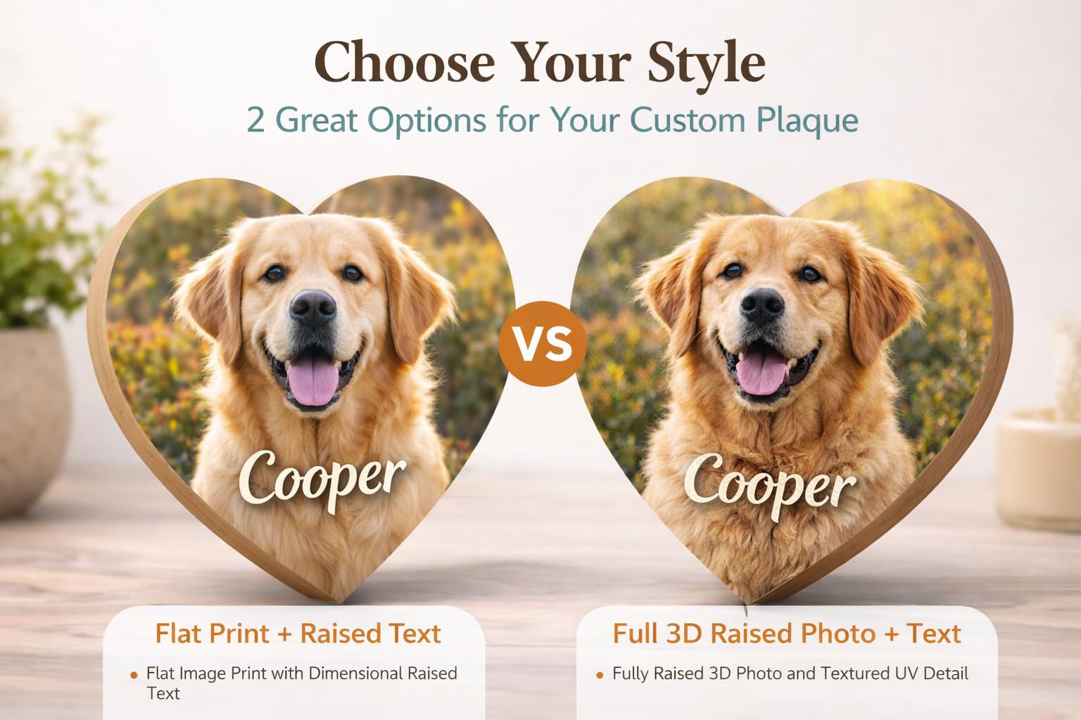 Custom Pet Photo Heart Plaque 3D Texture, Personalized Dog or Cat Picture Gift with Name, Wooden Pet Keepsake Sign, Flat Print with Raised Text or Full 3D Raised Photo & Text