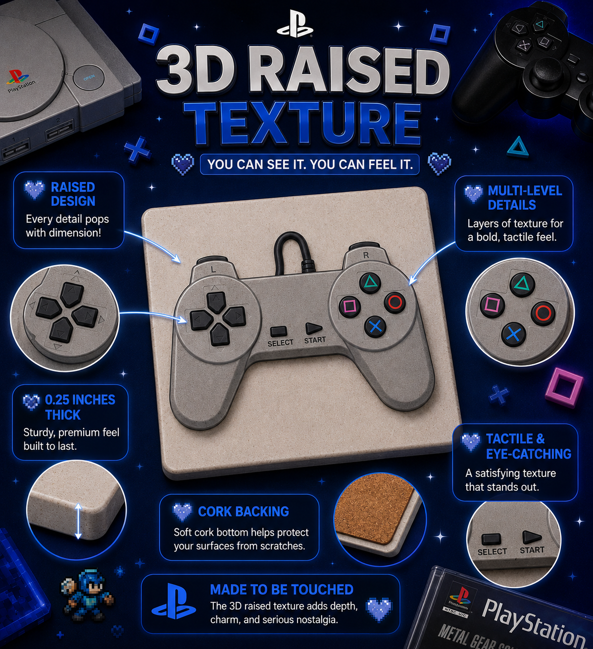 3D raised texture detail of the retro controller coasters