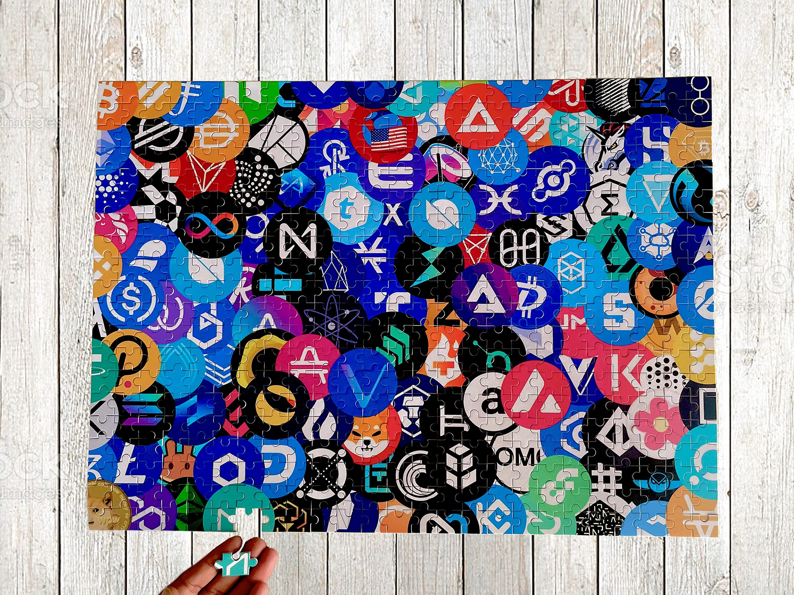 Wooden Crypto Puzzle 500 Pieces by BlockCraft.Shop - Top 100 Market Cap Coins Collage 52cm x 38cm