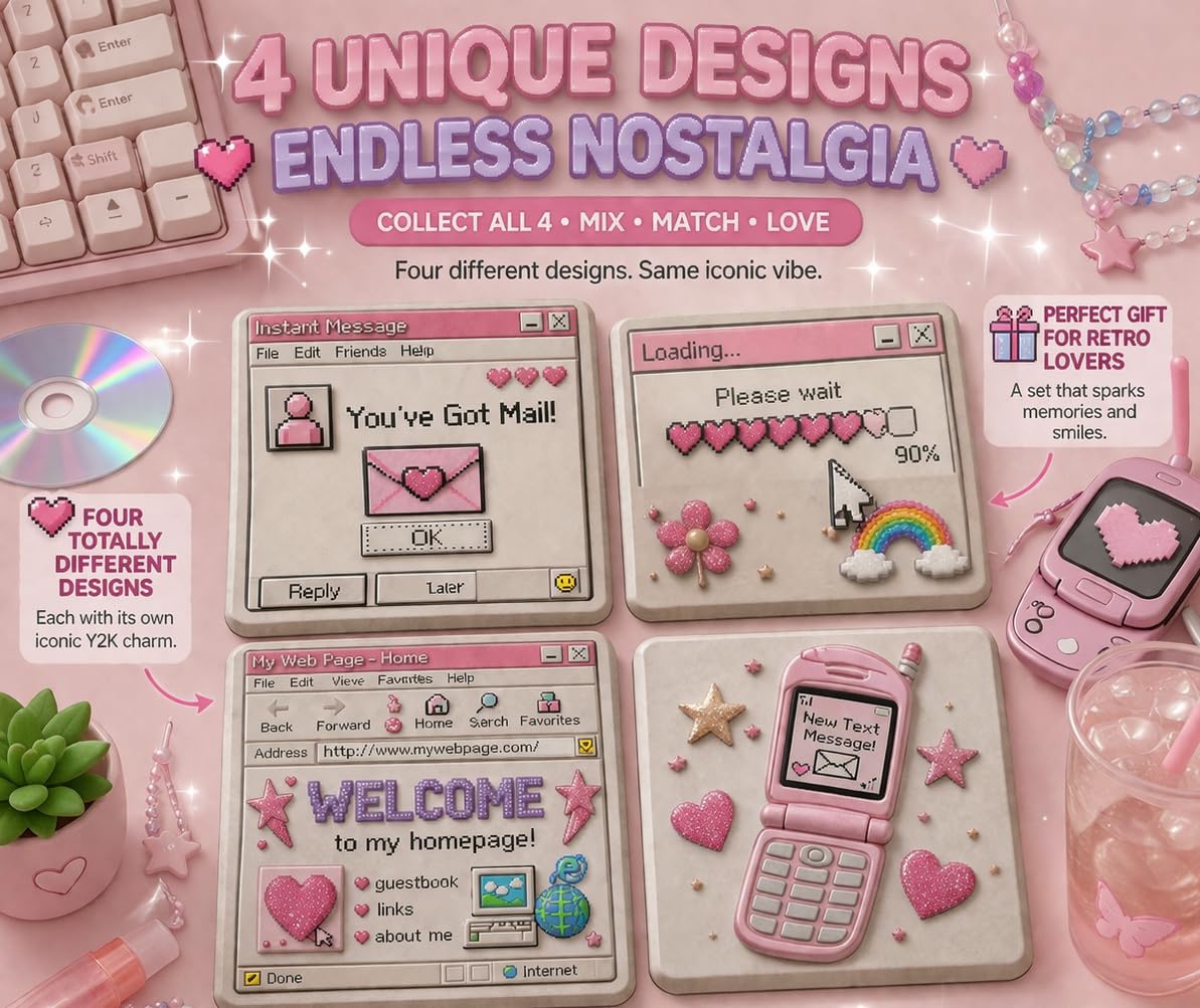 Y2K Girly Tech Ceramic Stone Coaster Set, 4x4 Inch, 4 Unique Retro Designs, Pink, Absorbent, 3D Raised Texture
