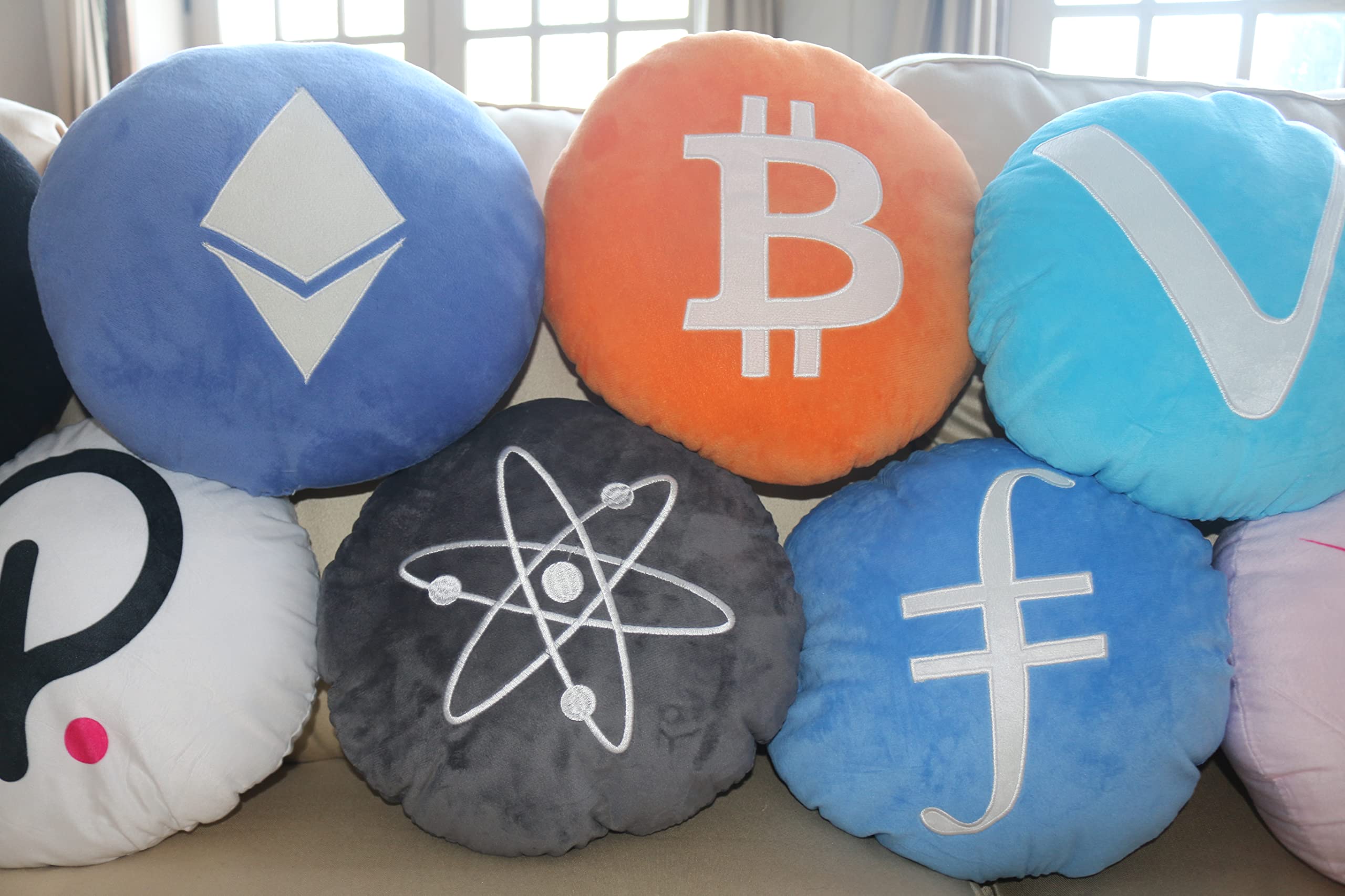 Cosmos Pillow - Embroidered Round Stuffed Plush Crypto Pillow by BlockCraft.Shop Atom Plush Pillow