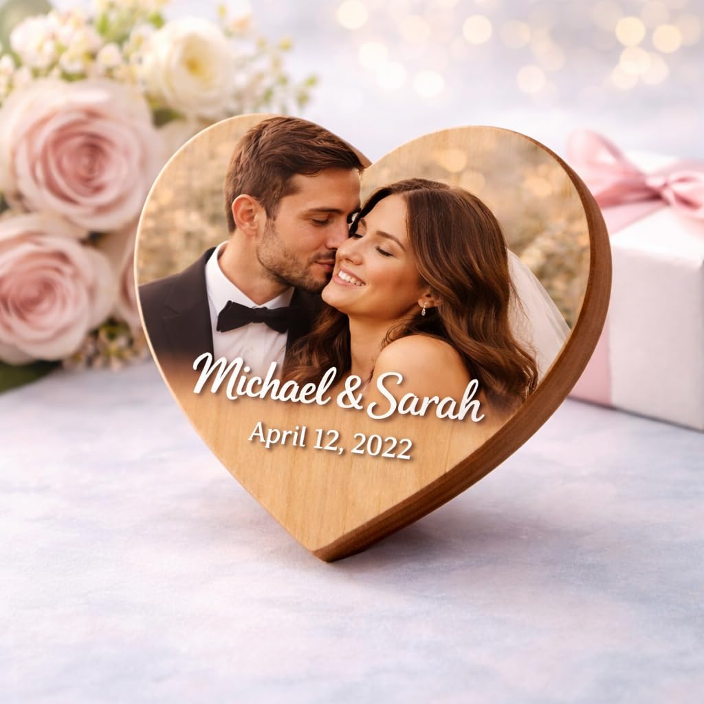 Custom Photo Wooden Heart Plaque – Personalized Full Color UV Printed or Raised 3D Texture Design – 9” Wood Heart Gift for Couples, Wedding, Anniversary, Mother’s Day