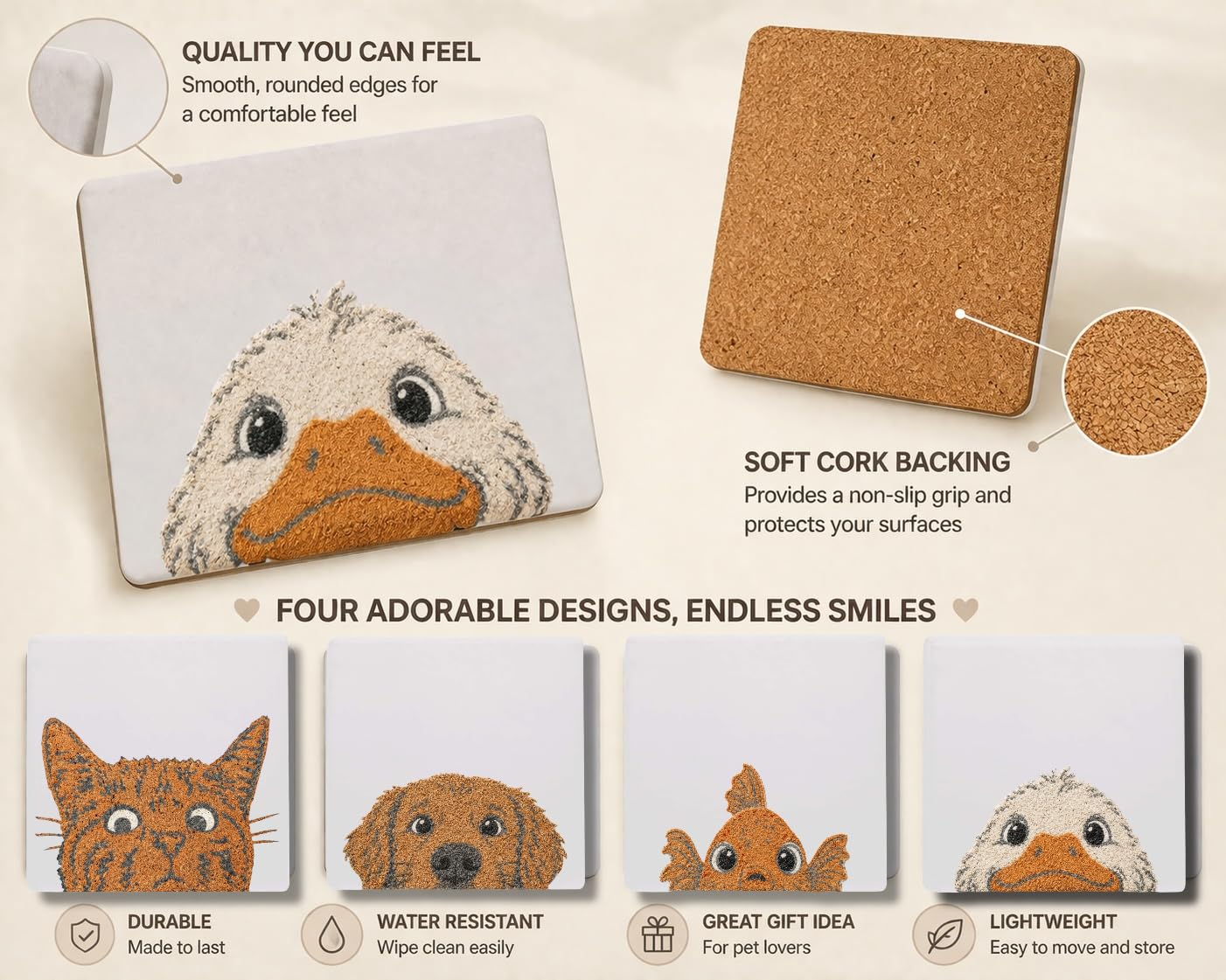 Animal Coaster Set of 4, Ceramic Coasters with Cork Backing, Raised UV Texture Pet Designs, Cat Dog Duck Goldfish Drink Coasters, for Animal Lovers