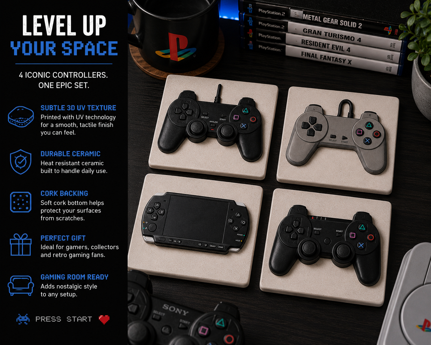 Gaming coaster set features: 3D UV texture, durable ceramic, cork backing