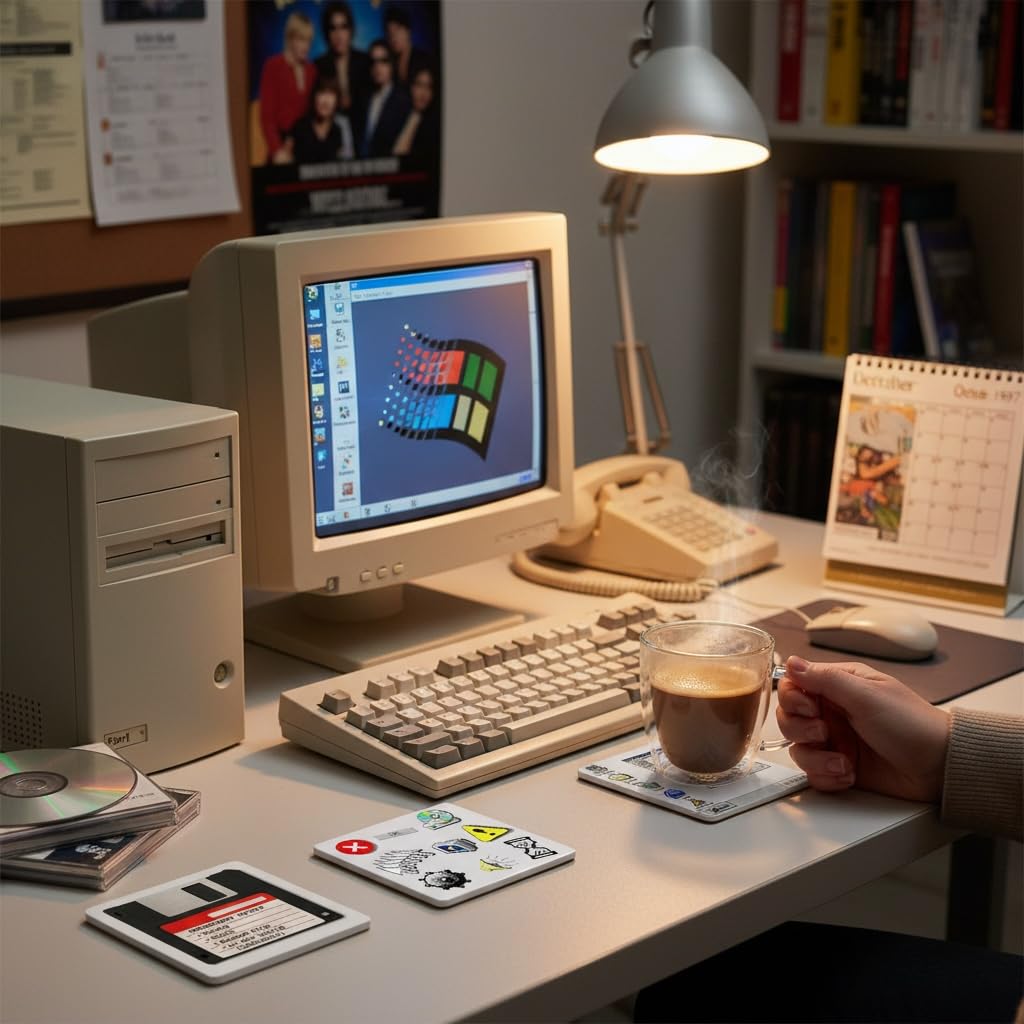 Retro Computer Coaster Set of 4, MS Paint Windows 95 Inspired Ceramic Drink Coasters with Cork Backing, Raised 3D Texture, Nostalgic Home Decor Gift