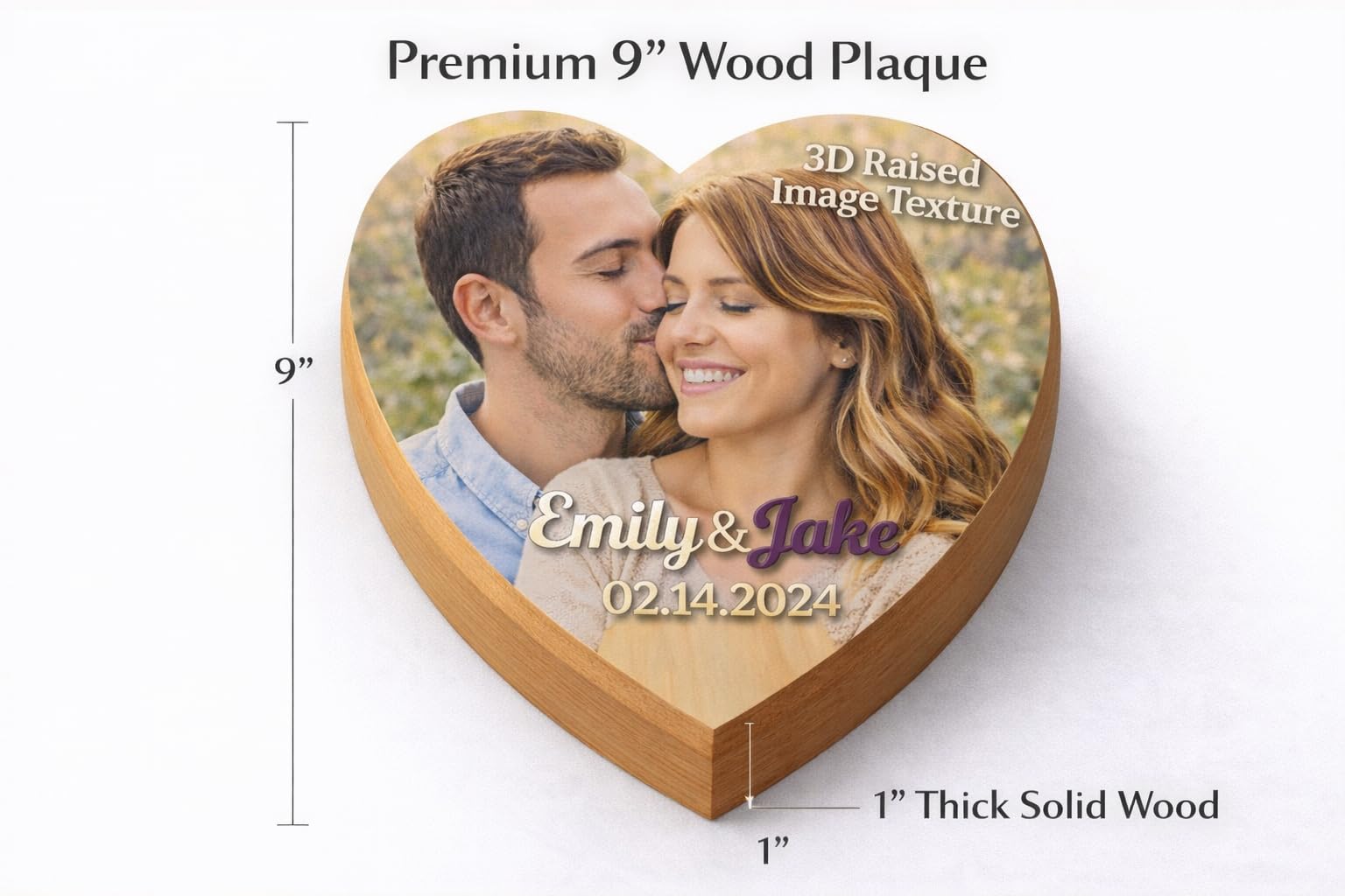 Custom Photo Wooden Heart Plaque – Personalized Full Color UV Printed or Raised 3D Texture Design – 9” Wood Heart Gift for Couples, Wedding, Anniversary, Mother’s Day