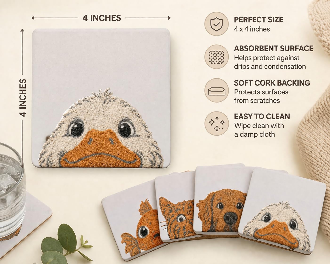 Animal Coaster Set of 4, Ceramic Coasters with Cork Backing, Raised UV Texture Pet Designs, Cat Dog Duck Goldfish Drink Coasters, for Animal Lovers