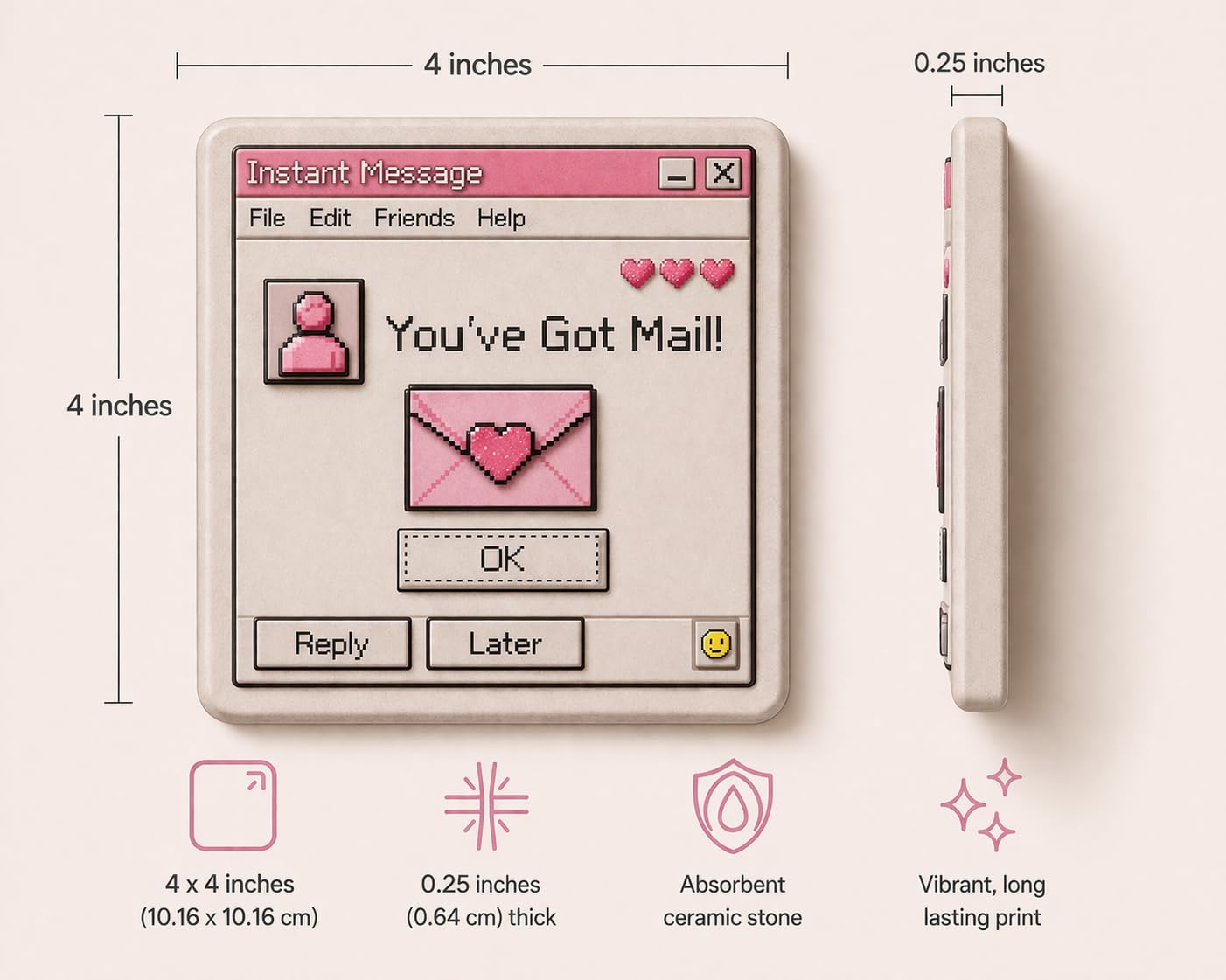 Y2K Girly Tech Ceramic Stone Coaster Set, 4x4 Inch, 4 Unique Retro Designs, Pink, Absorbent, 3D Raised Texture