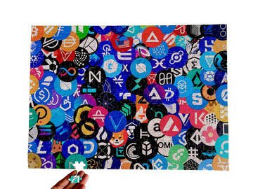 Wooden Crypto Puzzle 500 Pieces by BlockCraft.Shop - Top 100 Market Cap Coins Collage 52cm x 38cm
