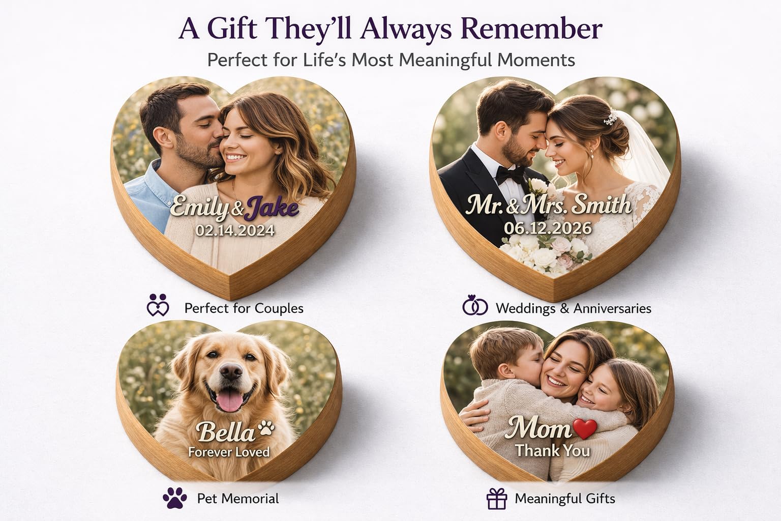 Custom Photo Wooden Heart Plaque – Personalized Full Color UV Printed or Raised 3D Texture Design – 9” Wood Heart Gift for Couples, Wedding, Anniversary, Mother’s Day