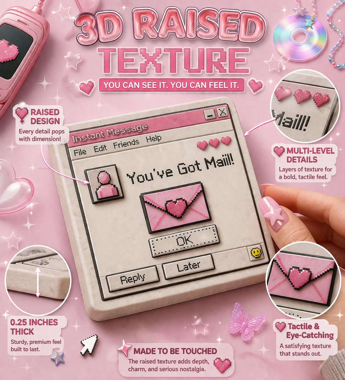 Y2K Girly Tech Ceramic Stone Coaster Set, 4x4 Inch, 4 Unique Retro Designs, Pink, Absorbent, 3D Raised Texture