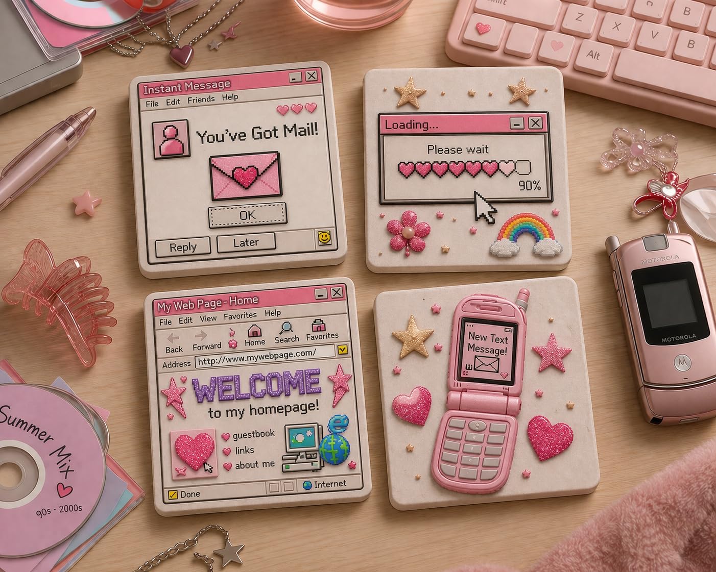 Y2K Girly Tech Ceramic Stone Coaster Set, 4x4 Inch, 4 Unique Retro Designs, Pink, Absorbent, 3D Raised Texture