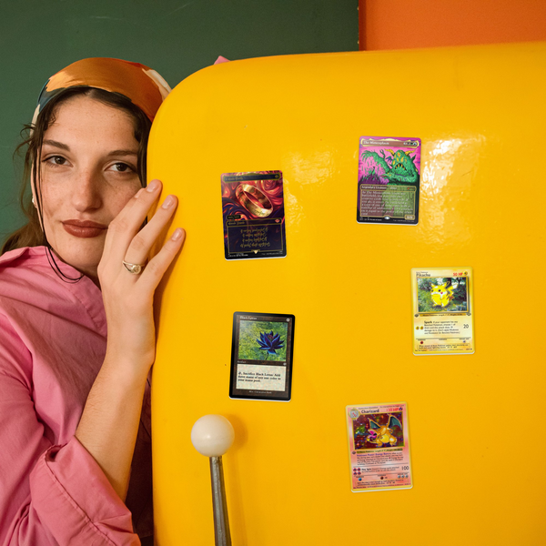 Ceramic TCG card magnets on a retro fridge