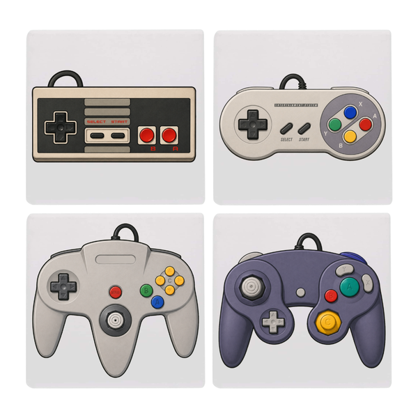 Retro controller ceramic coaster set of 4 — NES, SNES, N64, GameCube inspired
