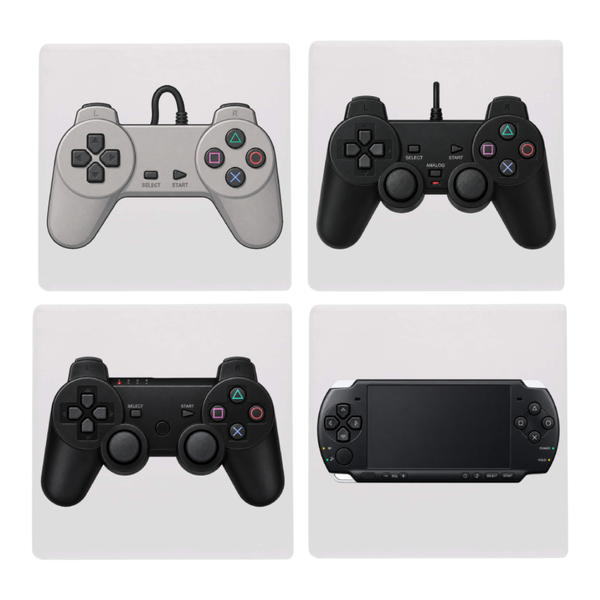 Retro gaming controller ceramic coaster set of 4 on white