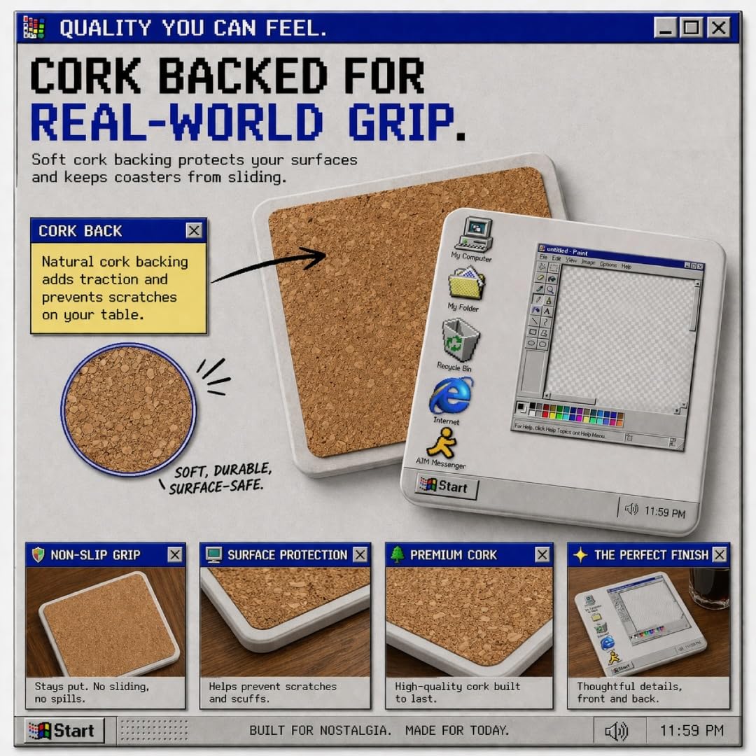 Retro Computer Coaster Set of 4, MS Paint Windows 95 Inspired Ceramic Drink Coasters with Cork Backing, Raised 3D Texture, Nostalgic Home Decor Gift