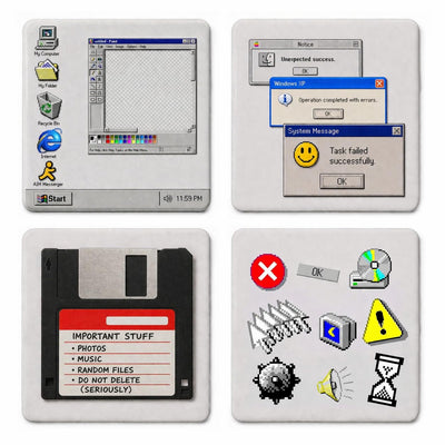 Retro Computer Coaster Set of 4, MS Paint Windows 95 Inspired Ceramic Drink Coasters with Cork Backing, Raised 3D Texture, Nostalgic Home Decor Gift