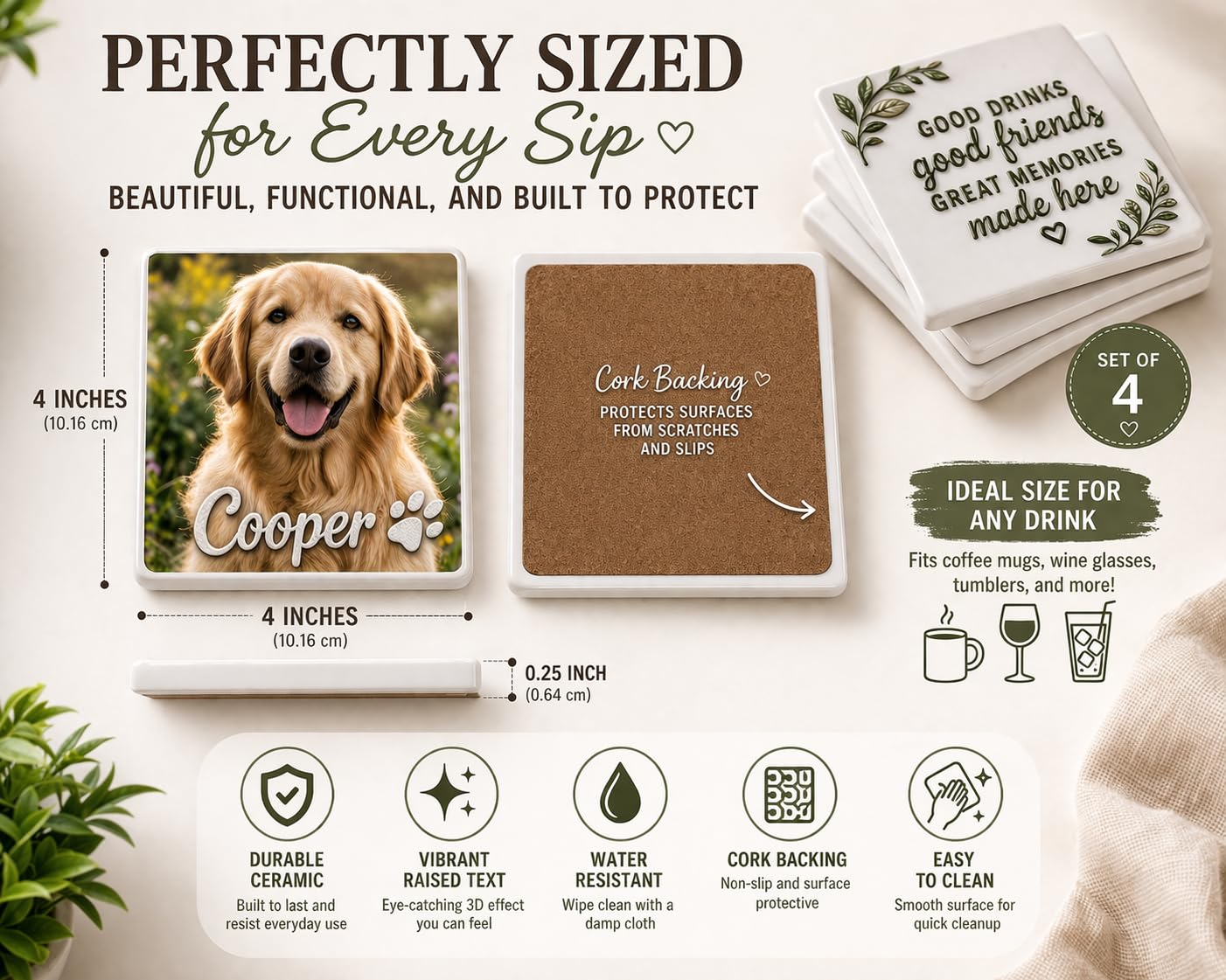 Custom Ceramic Coaster Set of 4, Personalized Photo or Text Coasters with Raised 3D Texture Text, Wedding, Family, Pet Memorial & Housewarming Gift