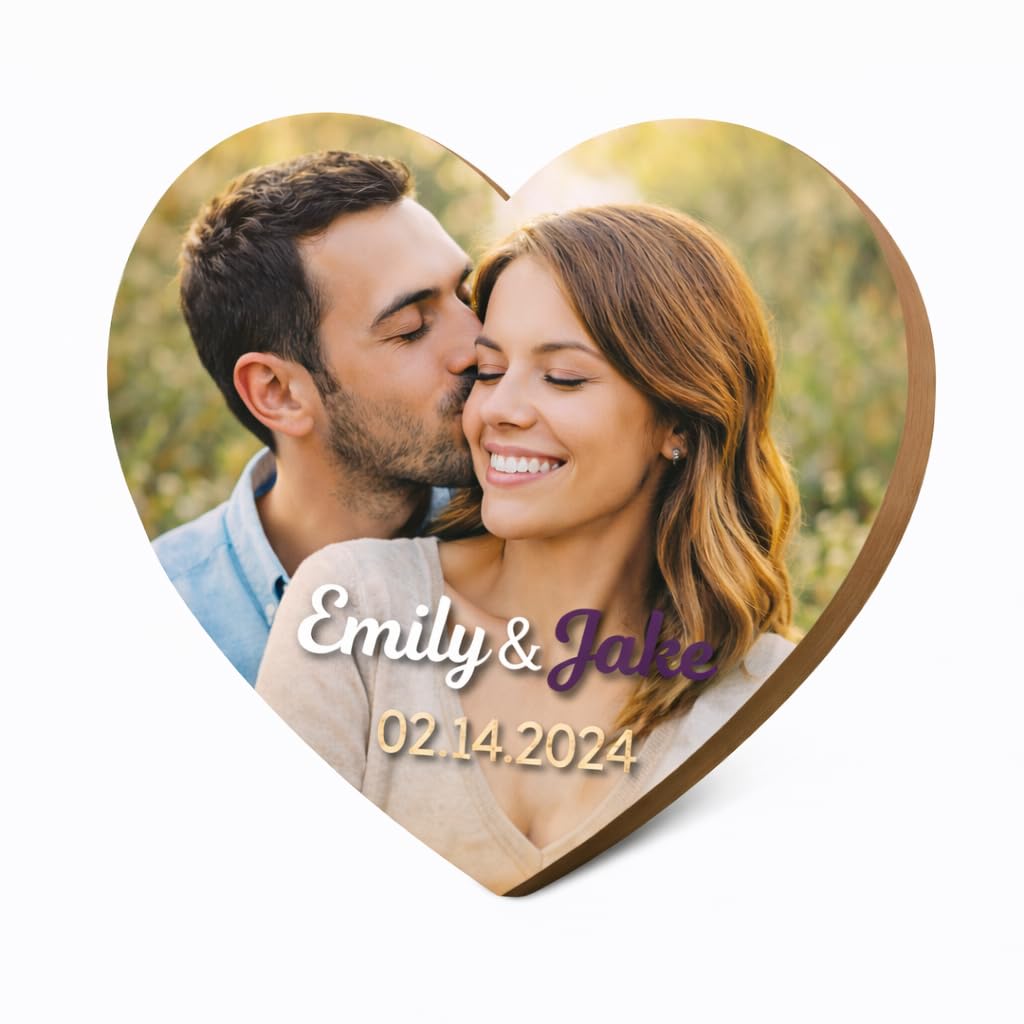 Custom Photo Wooden Heart Plaque – Personalized Full Color UV Printed or Raised 3D Texture Design – 9” Wood Heart Gift for Couples, Wedding, Anniversary, Mother’s Day