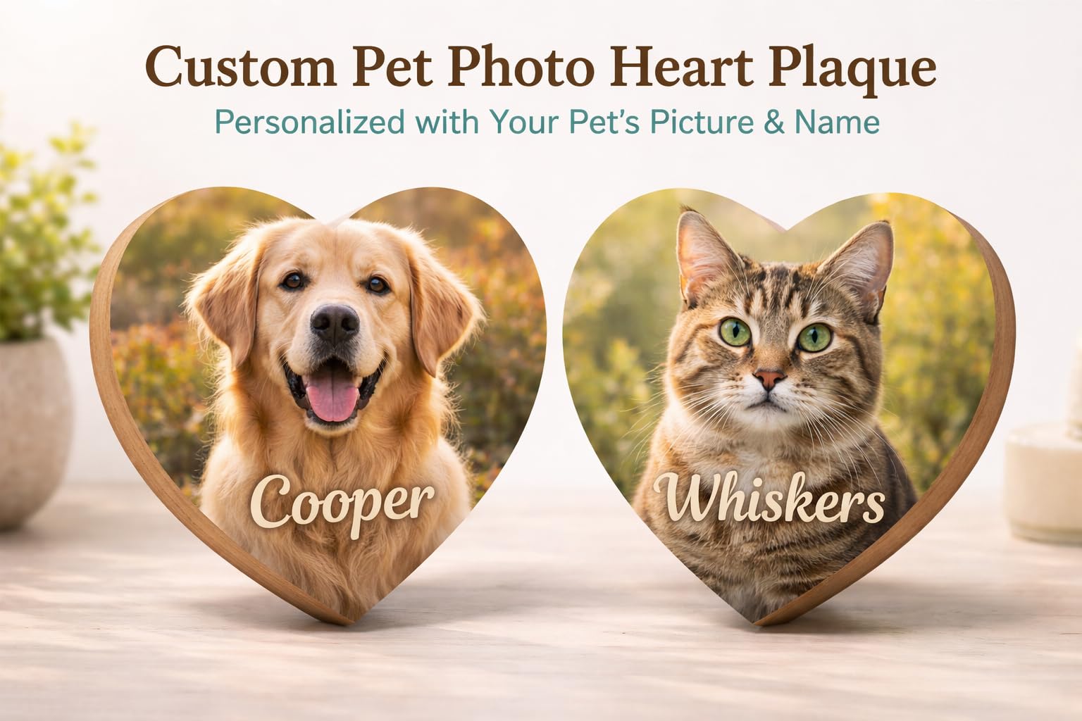 Custom Pet Photo Heart Plaque 3D Texture, Personalized Dog or Cat Picture Gift with Name, Wooden Pet Keepsake Sign, Flat Print with Raised Text or Full 3D Raised Photo & Text