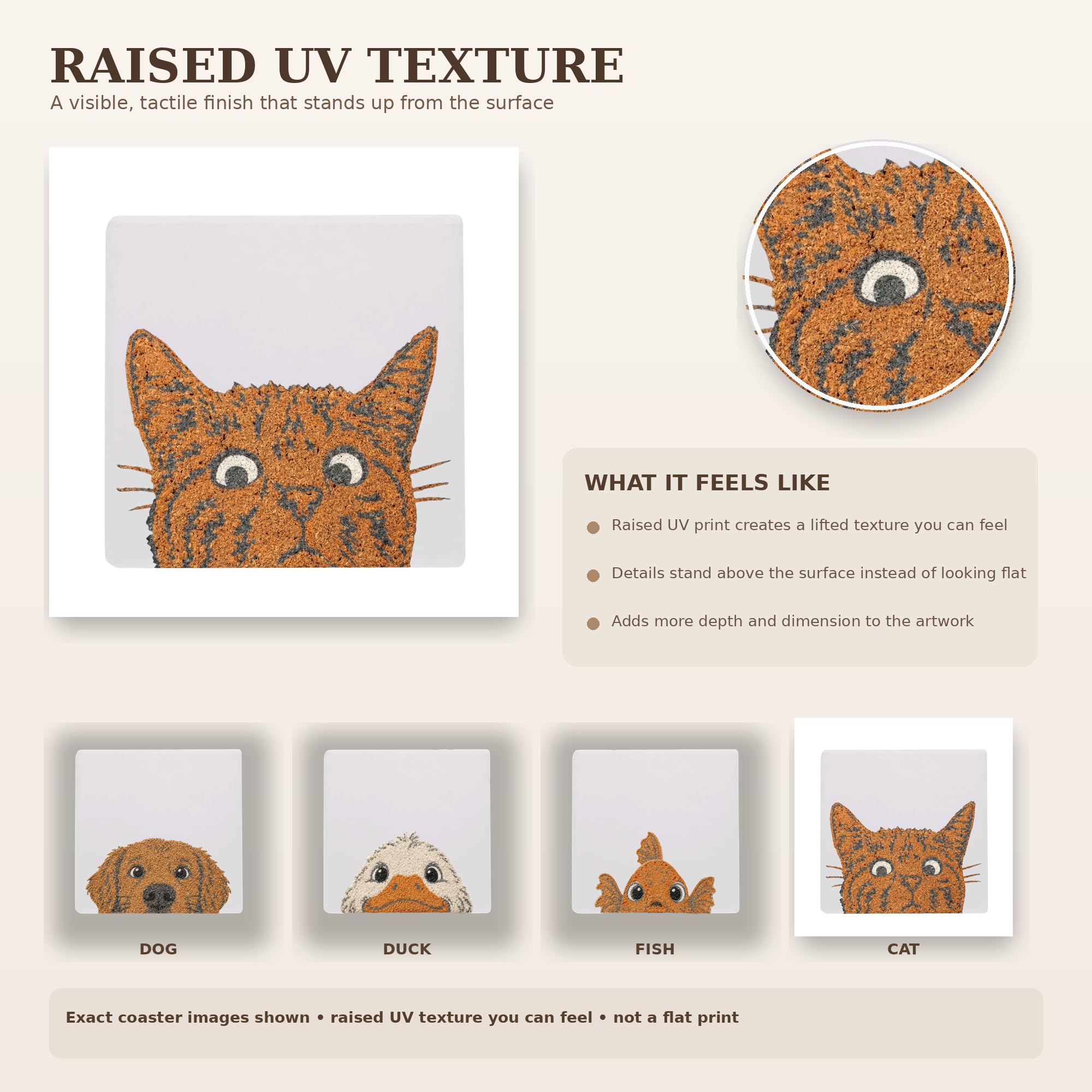 Animal Coaster Set of 4, Ceramic Coasters with Cork Backing, Raised UV Texture Pet Designs, Cat Dog Duck Goldfish Drink Coasters, for Animal Lovers