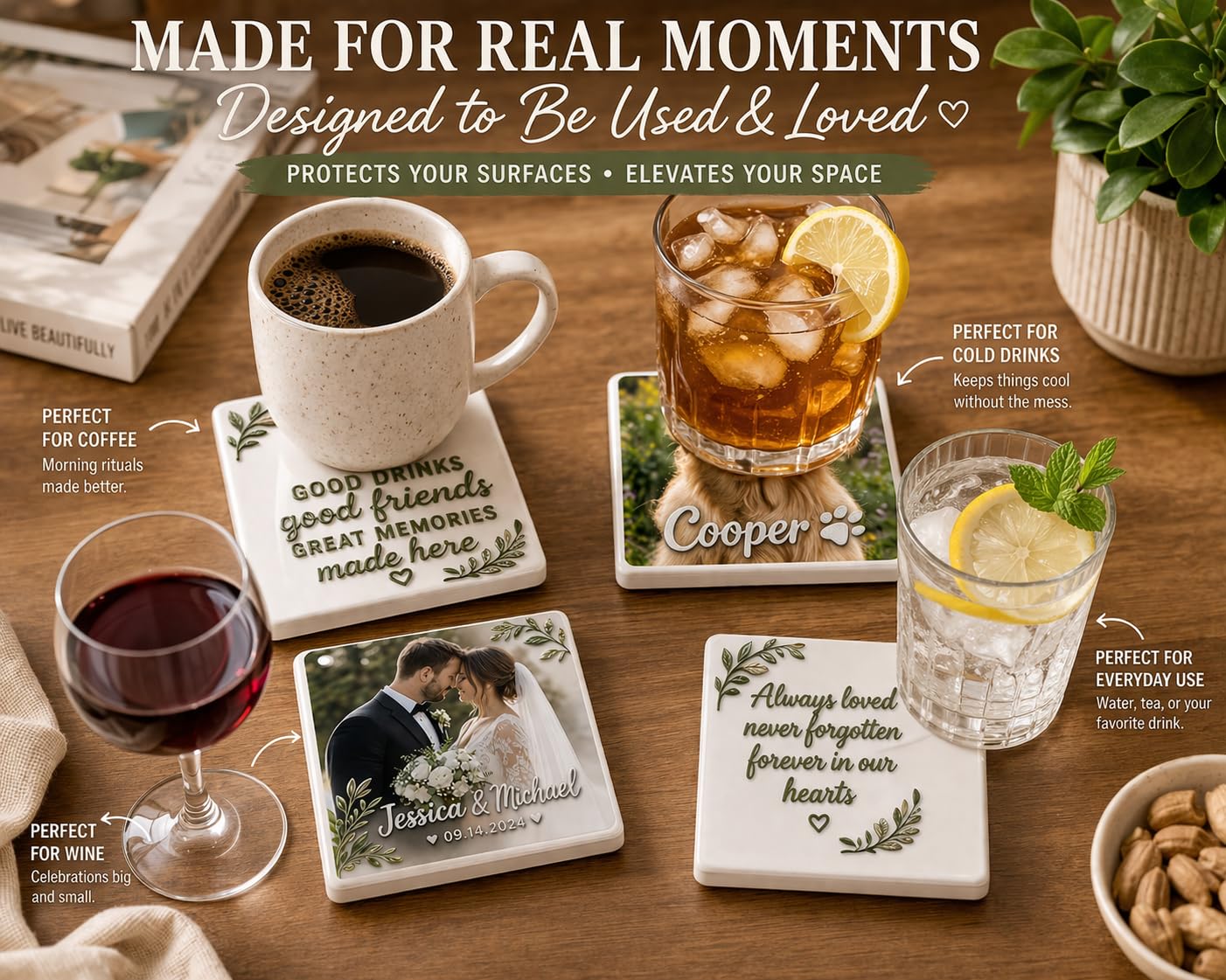 Custom Ceramic Coaster Set of 4, Personalized Photo or Text Coasters with Raised 3D Texture Text, Wedding, Family, Pet Memorial & Housewarming Gift