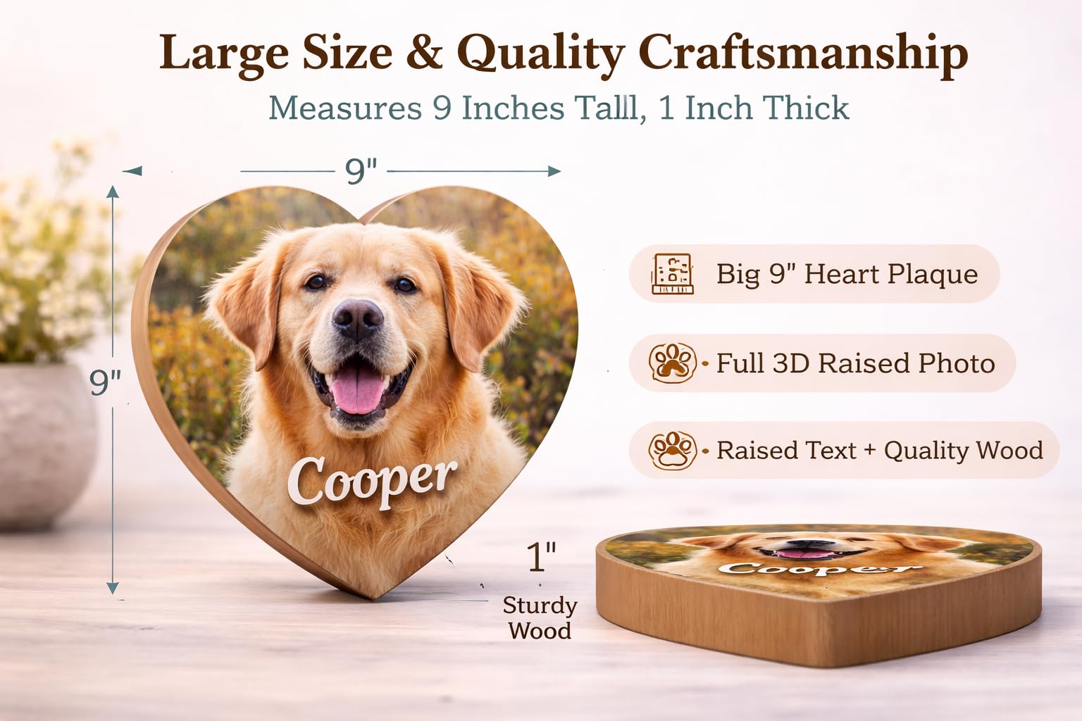 Custom Pet Photo Heart Plaque 3D Texture, Personalized Dog or Cat Picture Gift with Name, Wooden Pet Keepsake Sign, Flat Print with Raised Text or Full 3D Raised Photo & Text