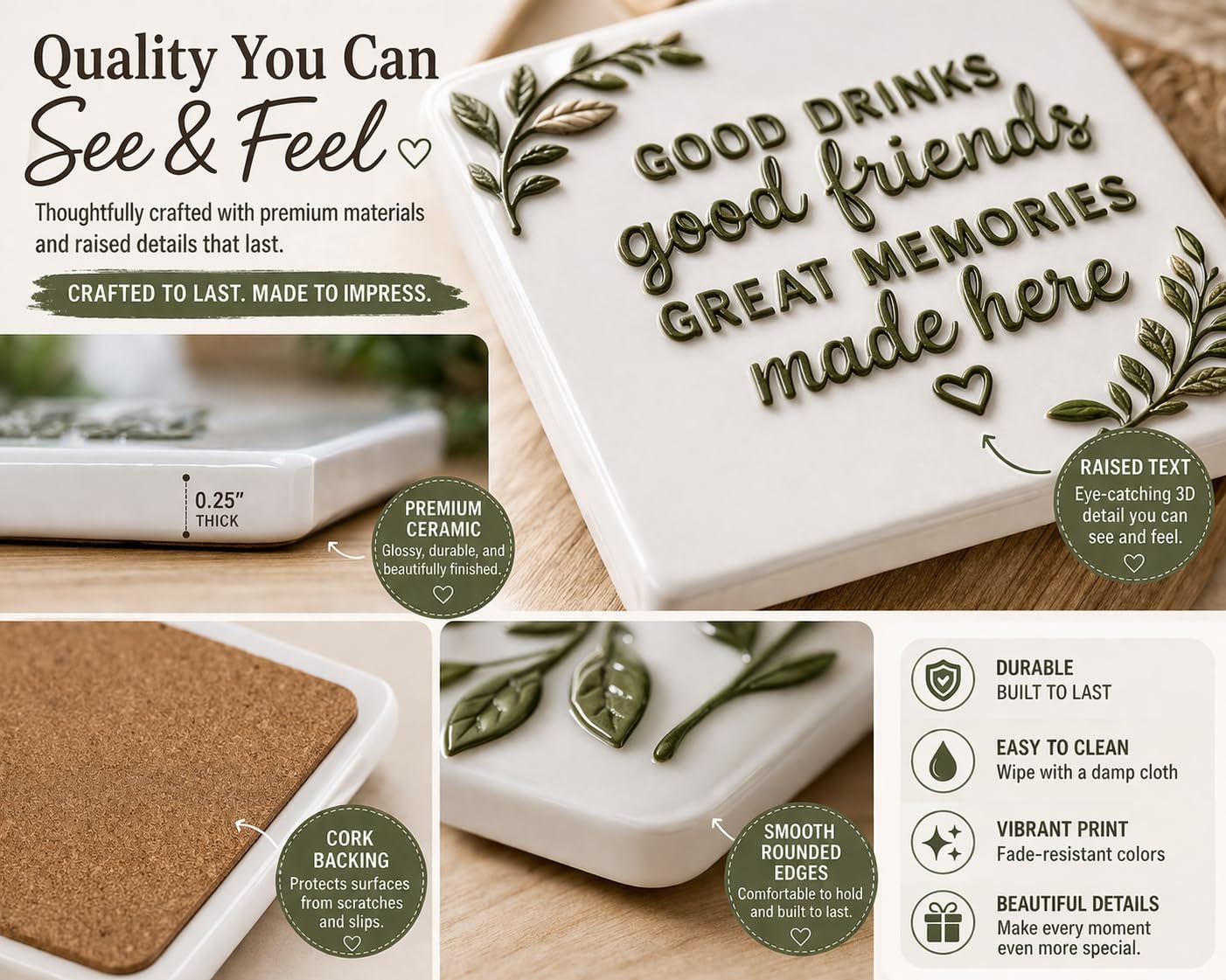 Custom Ceramic Coaster Set of 4, Personalized Photo or Text Coasters with Raised 3D Texture Text, Wedding, Family, Pet Memorial & Housewarming Gift