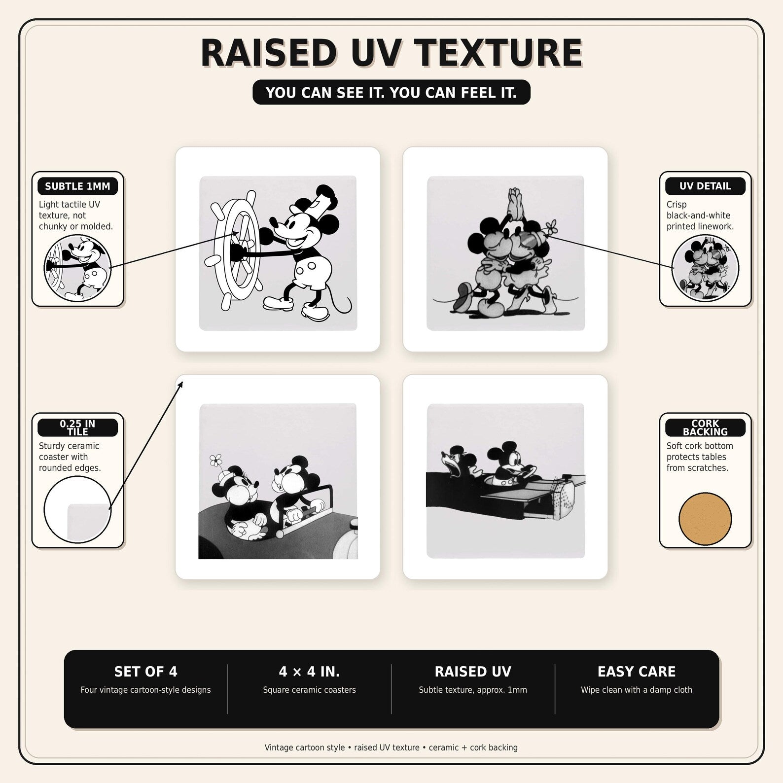 Raised UV texture feature details of the vintage cartoon coasters