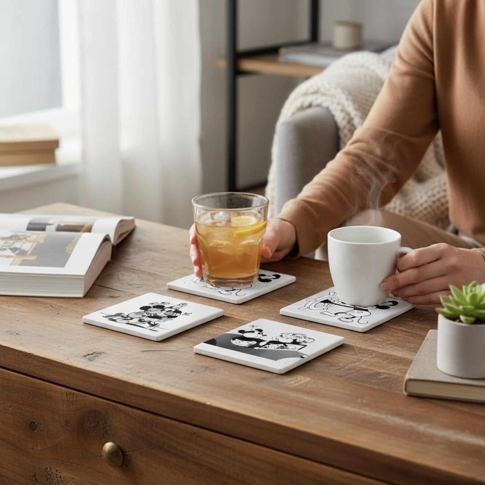 Steamboat Willie coasters styled on a cozy coffee table