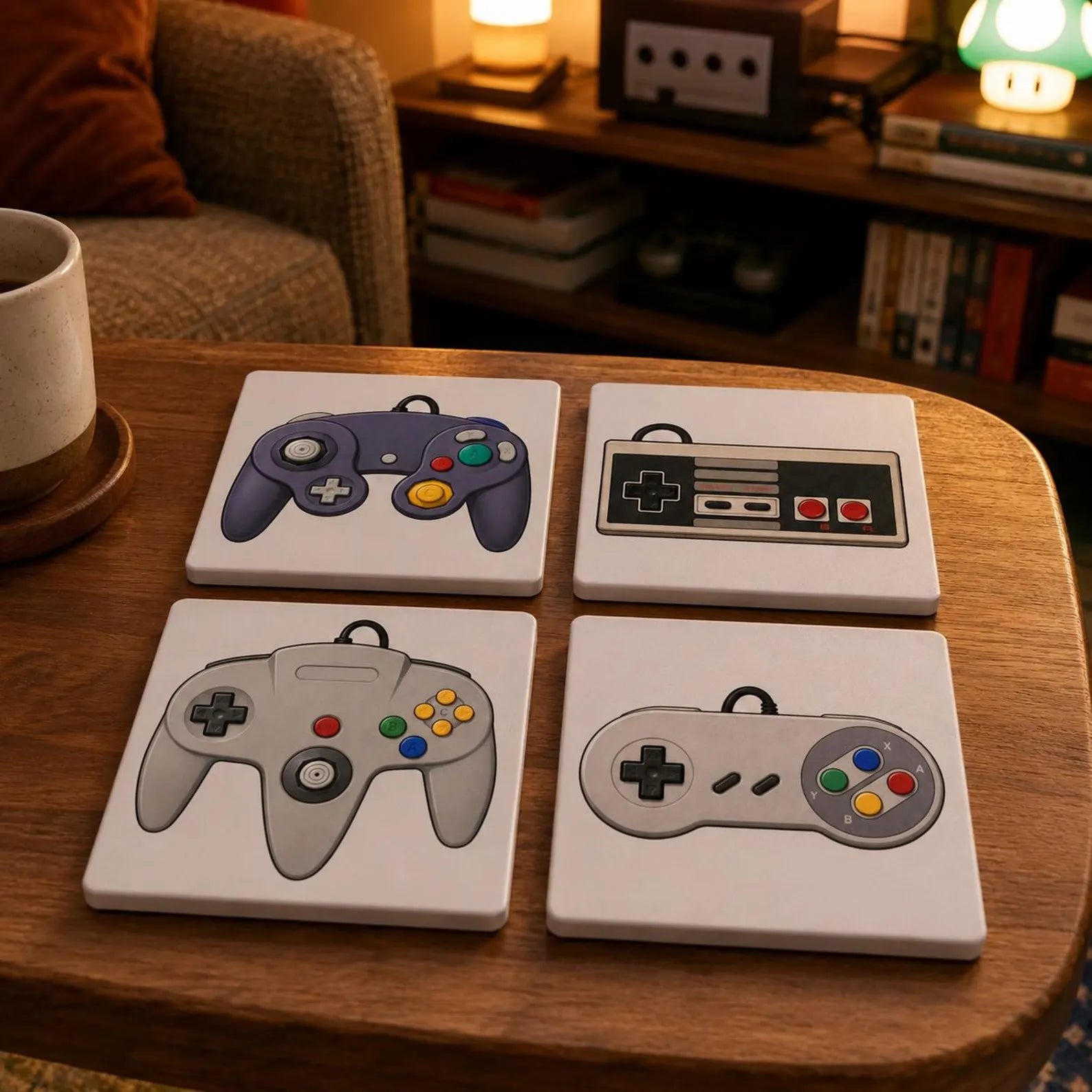 Retro Controller Ceramic Coasters, NES SNES N64 GameCube Inspired Set, Raised 3D Tactile Texture