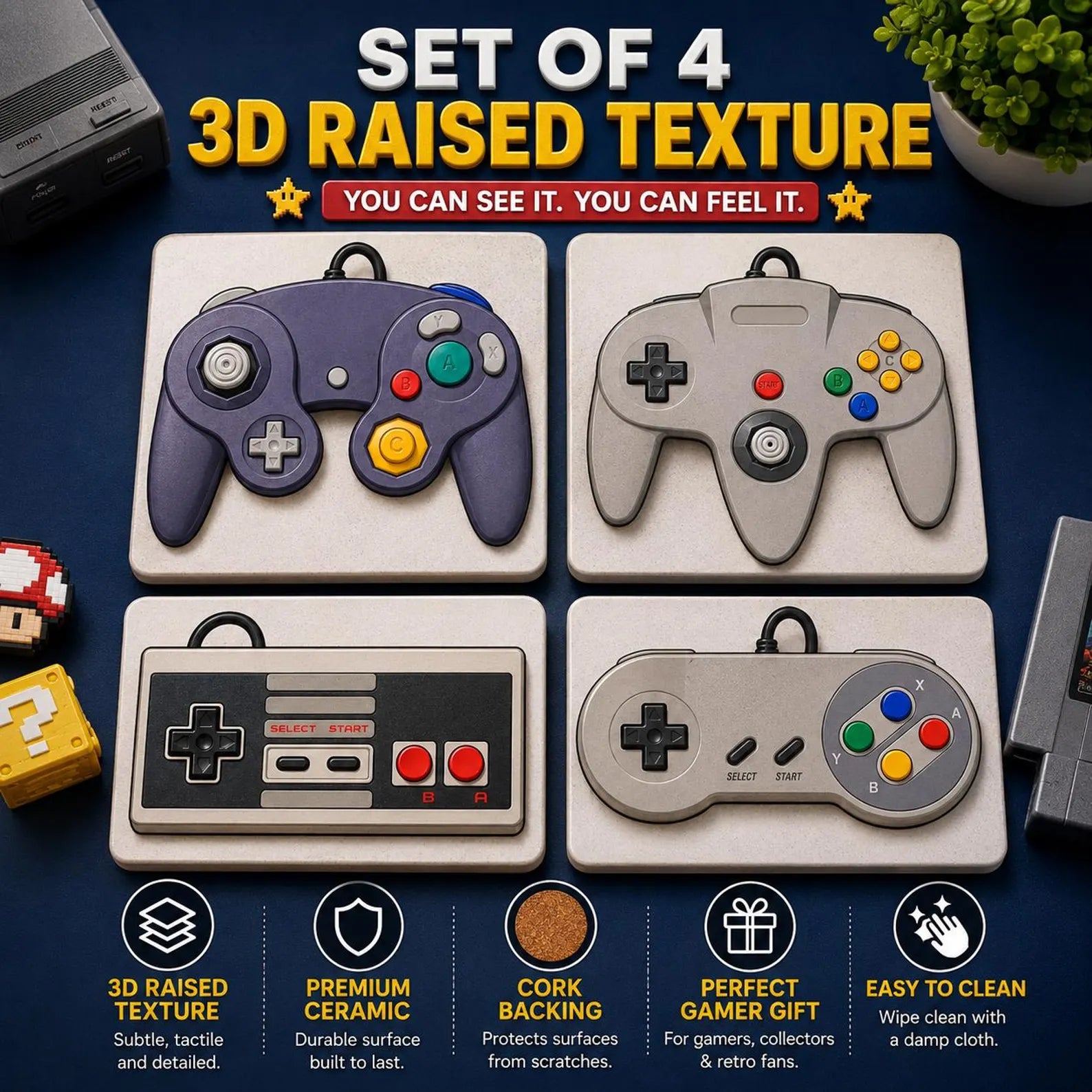 Retro Controller Ceramic Coasters, NES SNES N64 GameCube Inspired Set, Raised 3D Tactile Texture