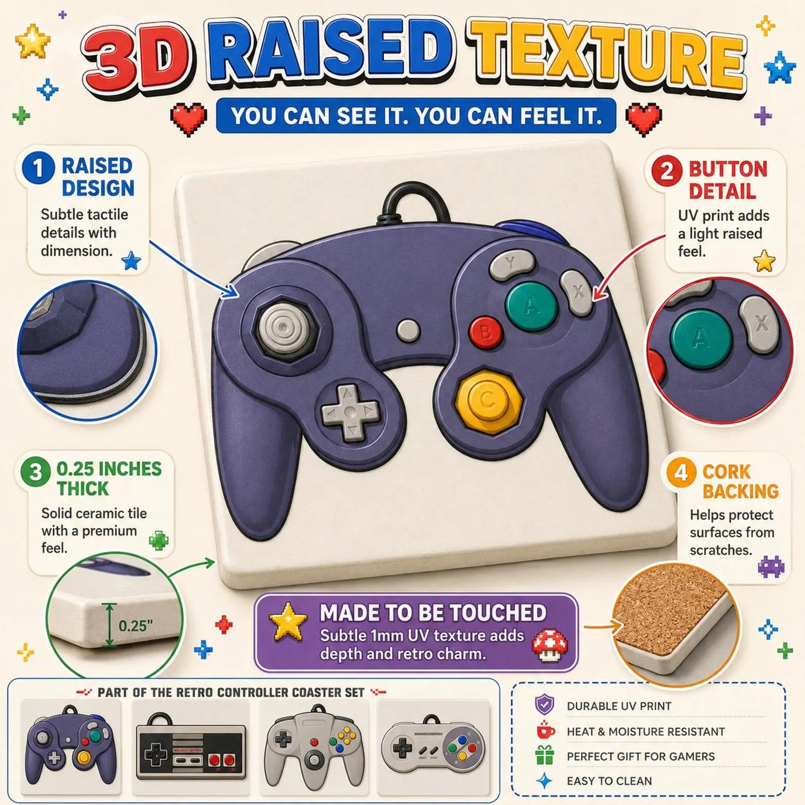 Retro Controller Ceramic Coasters, NES SNES N64 GameCube Inspired Set, Raised 3D Tactile Texture